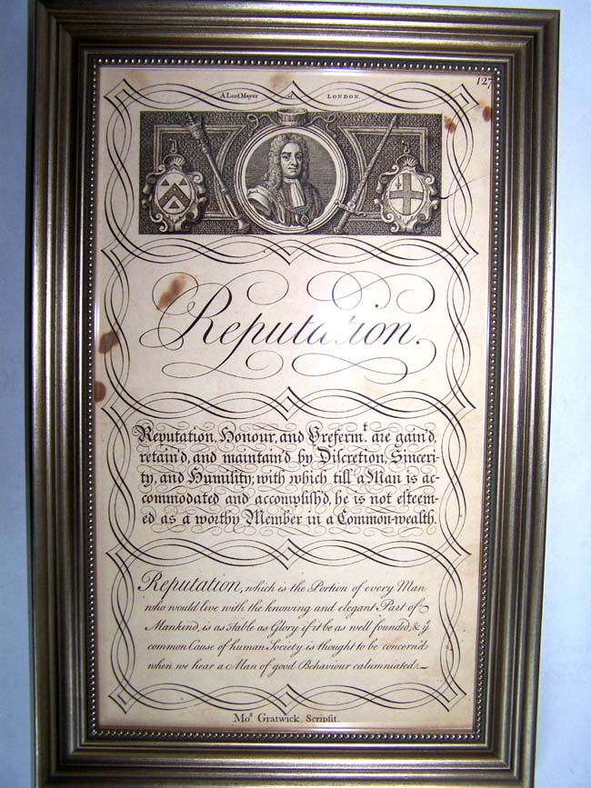 An 18th century engraving entitled "REPUTATION" printed by George Bickham in London in 1741